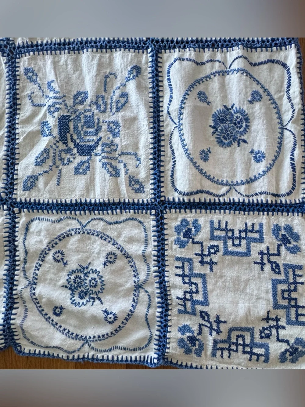 Vintage Hand Embroidered Bluework Table Runner Dresser Scarf Crocheted Floral